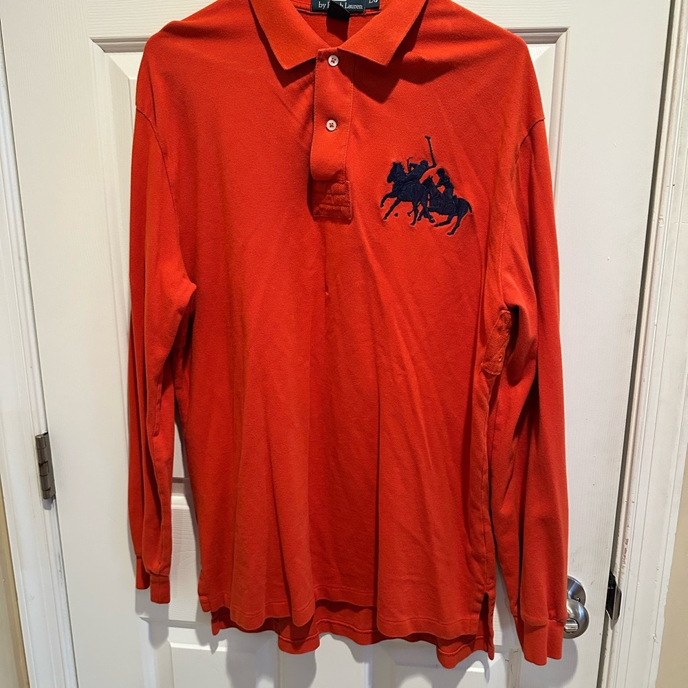 Vintage Polo Ralph Lauren Rugby Shirt Men L Orange Blue Big Double Pony 3 Y2K